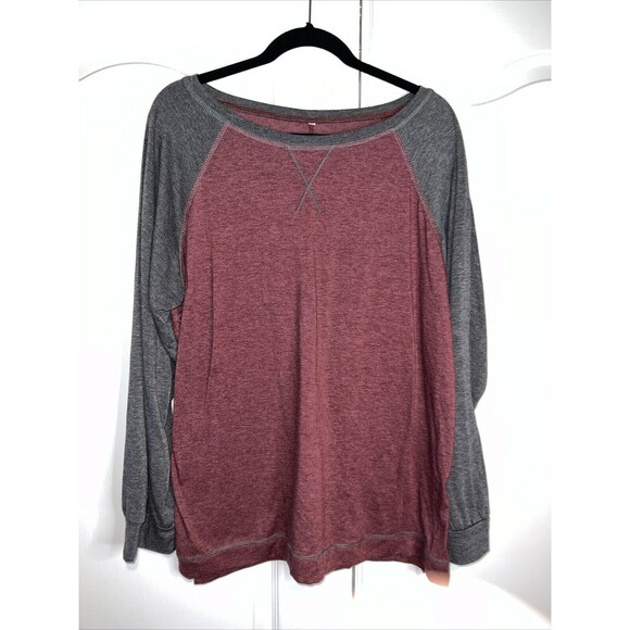 Womens Henley Top Maroon Gray Plus XXL Long Sleeve Casual Soft Stretch Leisure - Picture 1 of 13
